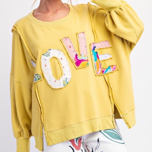 New Easel LOVE Pullover Oversized Sweatshirt Knit Patches Plus Size Top Mustard - Picture 2 of 6